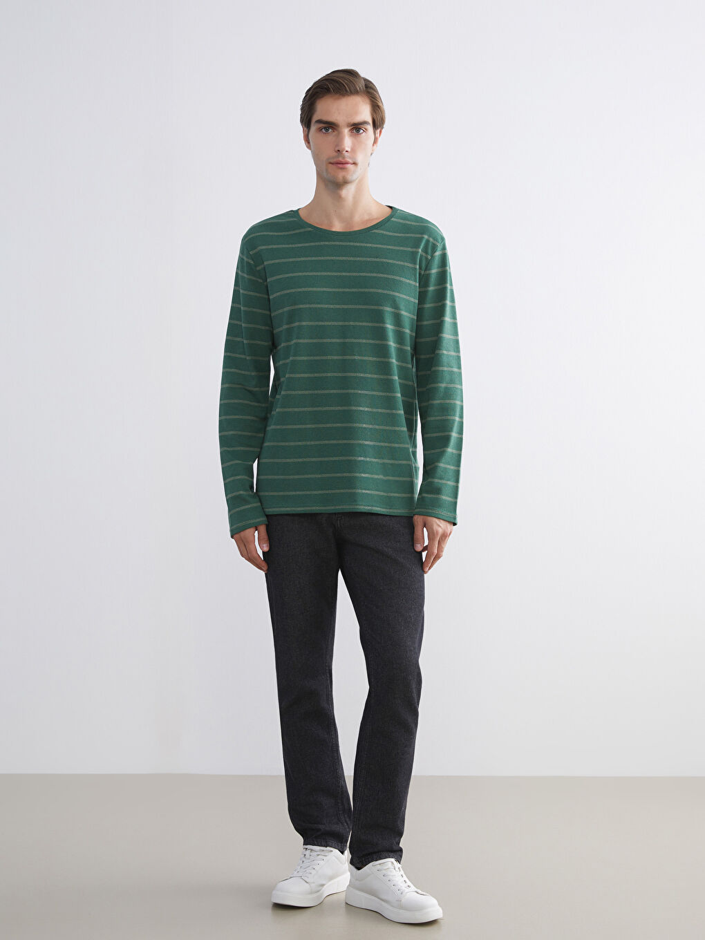 Yeşil Bisiklet Yaka Uzun Kollu Çizgili Erkek Tişört-1