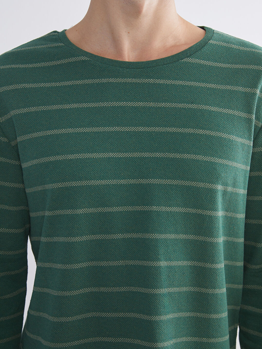 Yeşil Bisiklet Yaka Uzun Kollu Çizgili Erkek Tişört-2