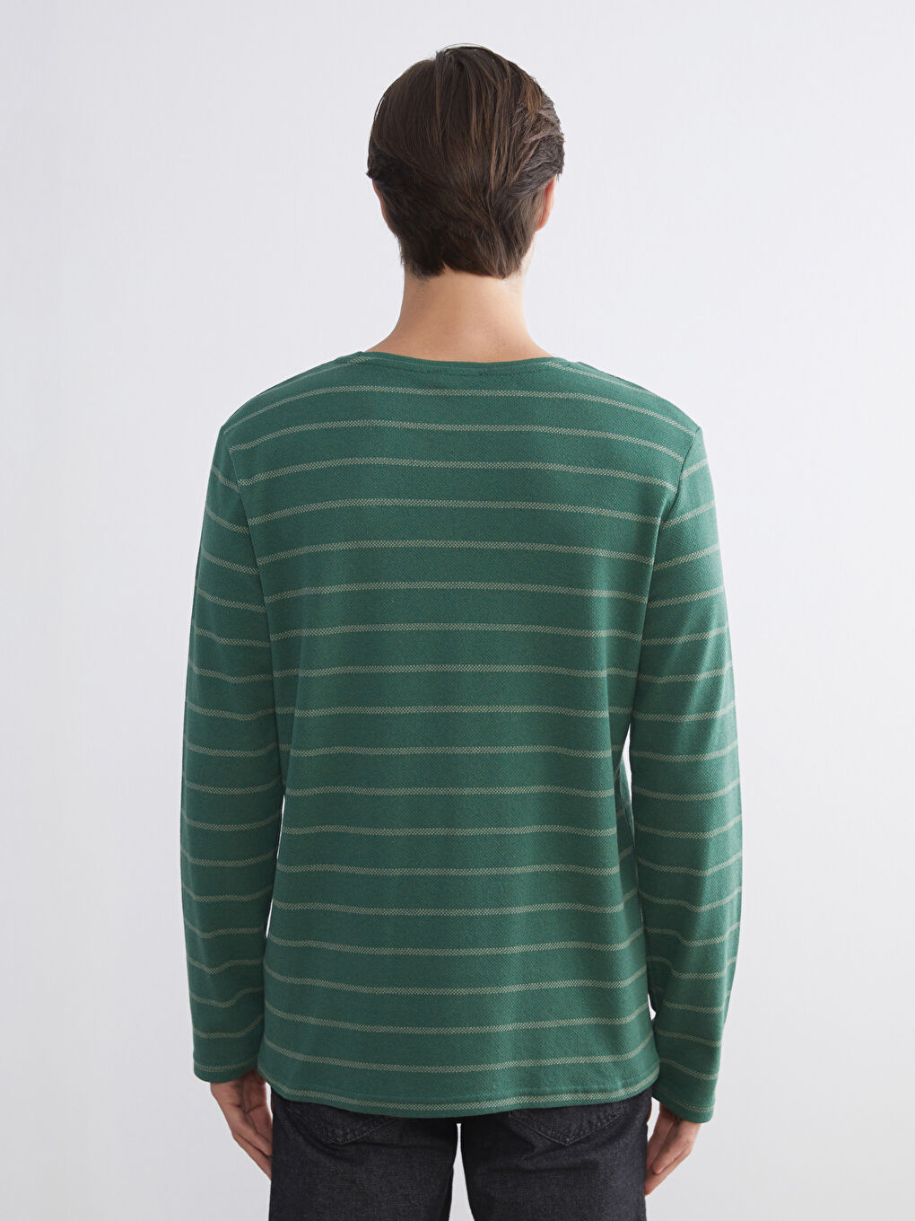 Yeşil Bisiklet Yaka Uzun Kollu Çizgili Erkek Tişört-3