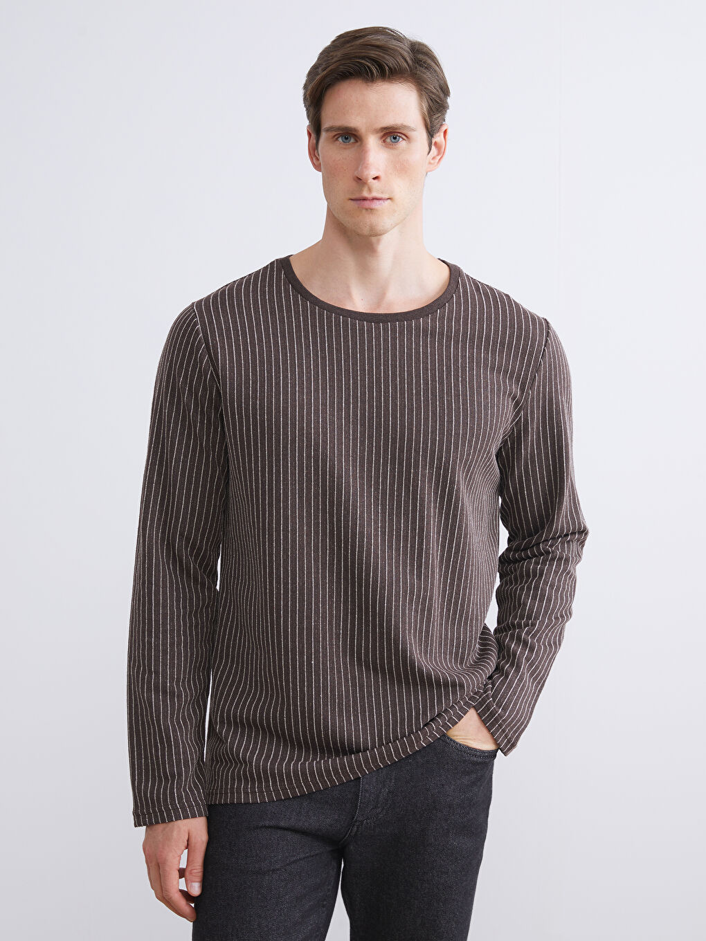 Bej Bisiklet Yaka Çizgili Erkek Tişört