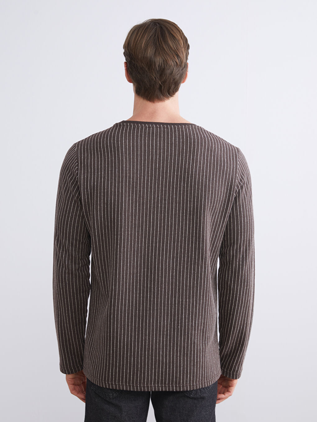 Bej Bisiklet Yaka Çizgili Erkek Tişört-3