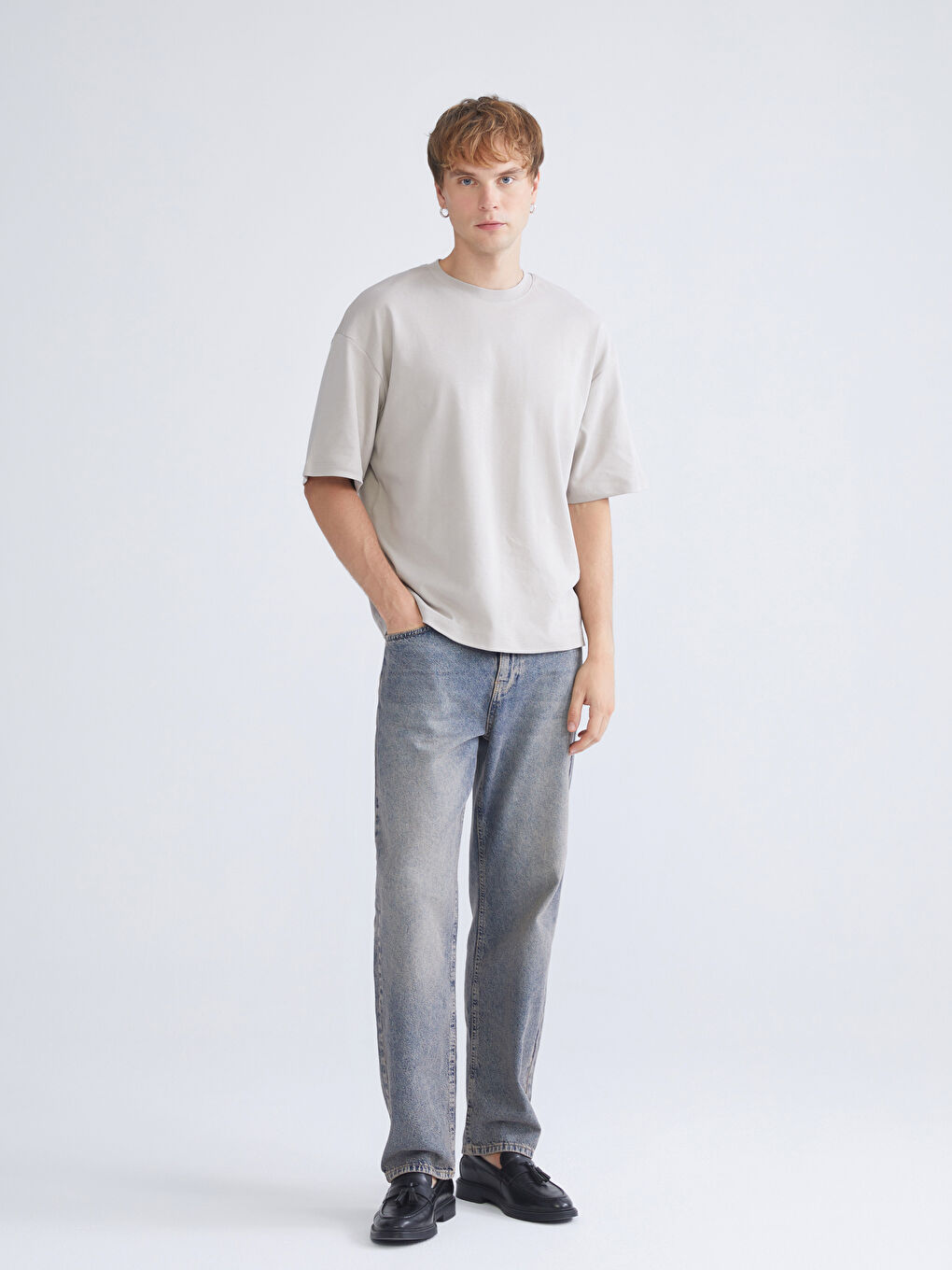 Bej Bisiklet Yaka Erkek Tişört-1