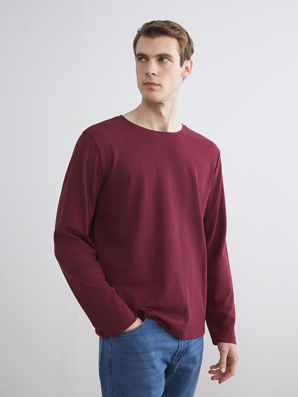 Bordo Bisiklet Yaka Uzun Kollu Erkek Tişört