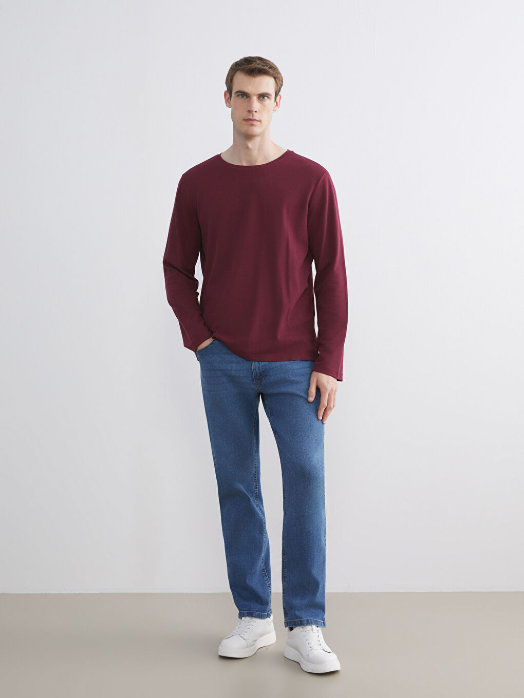 Bordo Bisiklet Yaka Uzun Kollu Erkek Tişört-1