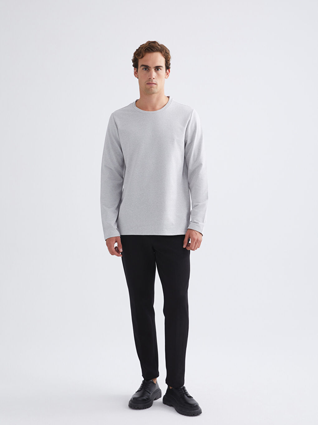 Gri Bisiklet Yaka Uzun Kollu Erkek Tişört-1