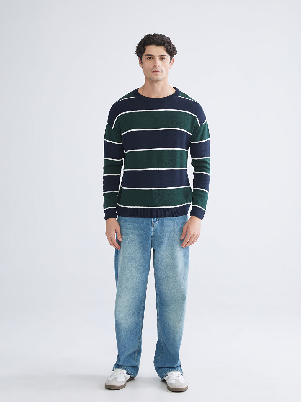 Lacivert Bisiklet Yaka Çizgili Erkek Triko Kazak-1