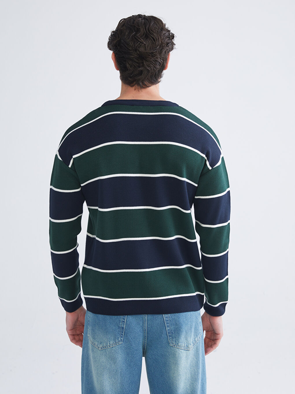 Lacivert Bisiklet Yaka Çizgili Erkek Triko Kazak-3