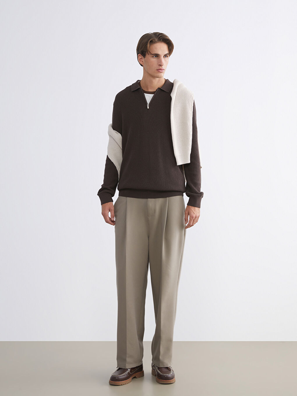 Kahverengi Polo Yaka Erkek Triko Kazak-1