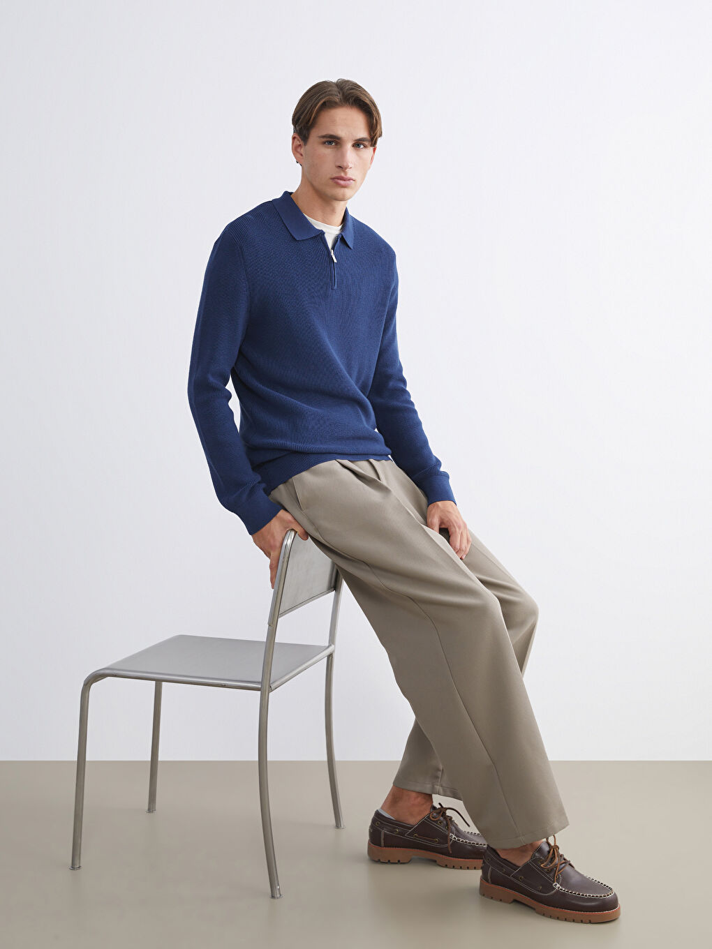 İndigo Polo Yaka Erkek Triko Kazak-1