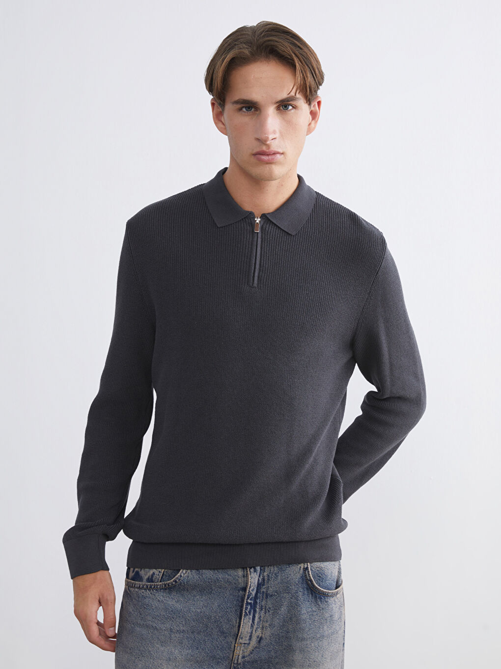 Antrasit Polo Yaka Erkek Triko Kazak