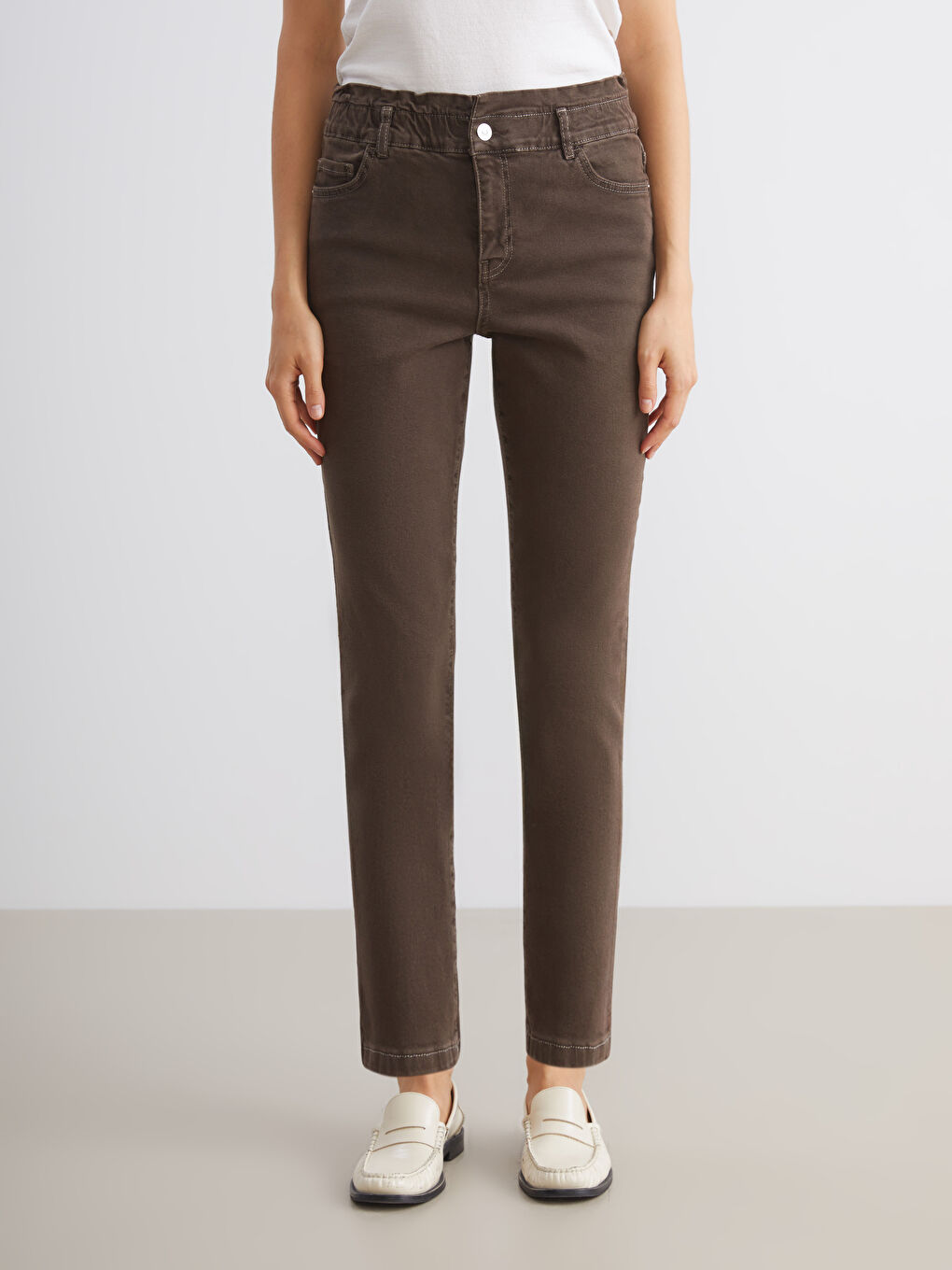 Kahverengi Slim Mom Kadın Jean Pantolon-1