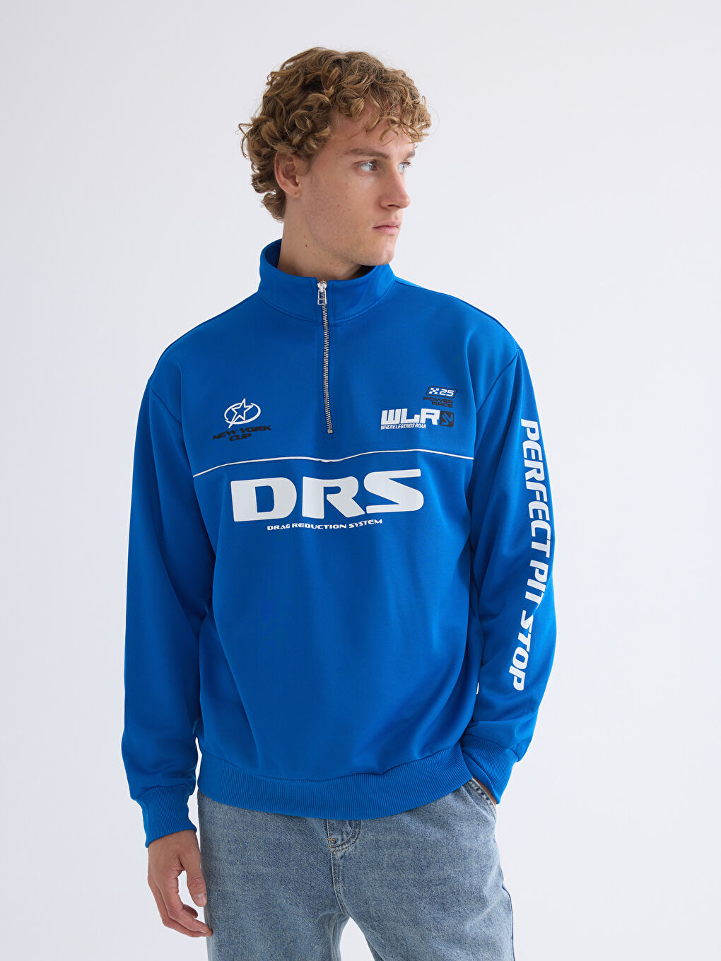 Mavi Dik Yaka Baskılı Erkek Sweatshirt-2