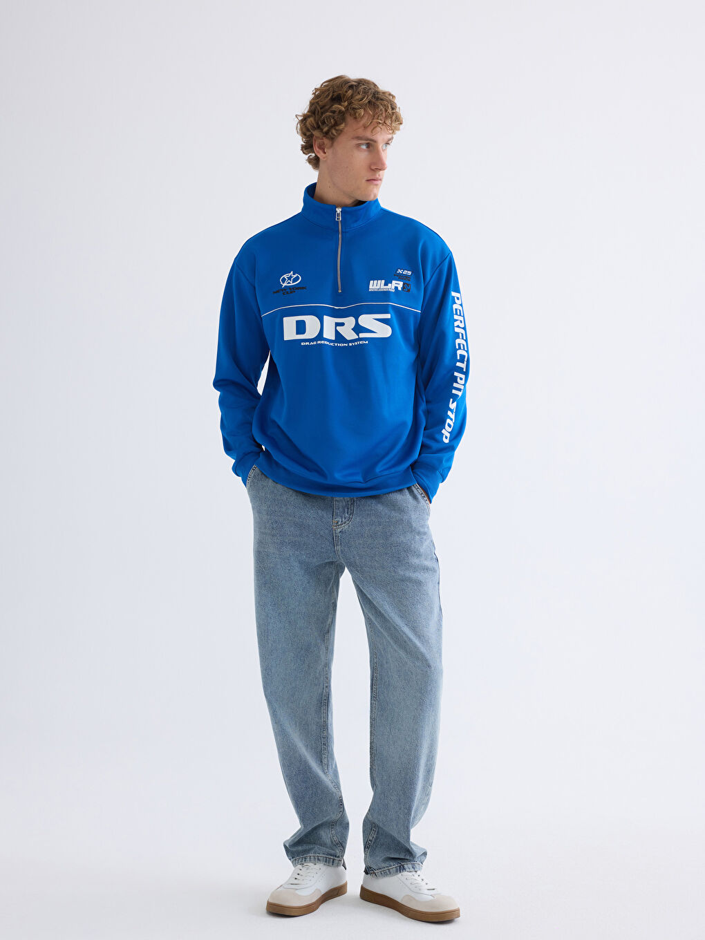 Mavi Dik Yaka Baskılı Erkek Sweatshirt-5