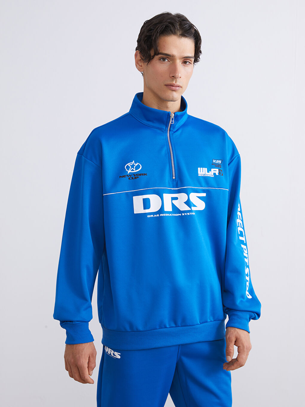 Mavi Dik Yaka Baskılı Erkek Sweatshirt-1