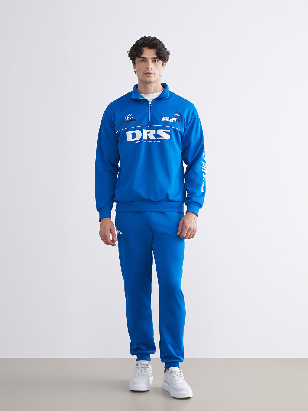 Mavi Dik Yaka Baskılı Erkek Sweatshirt-4