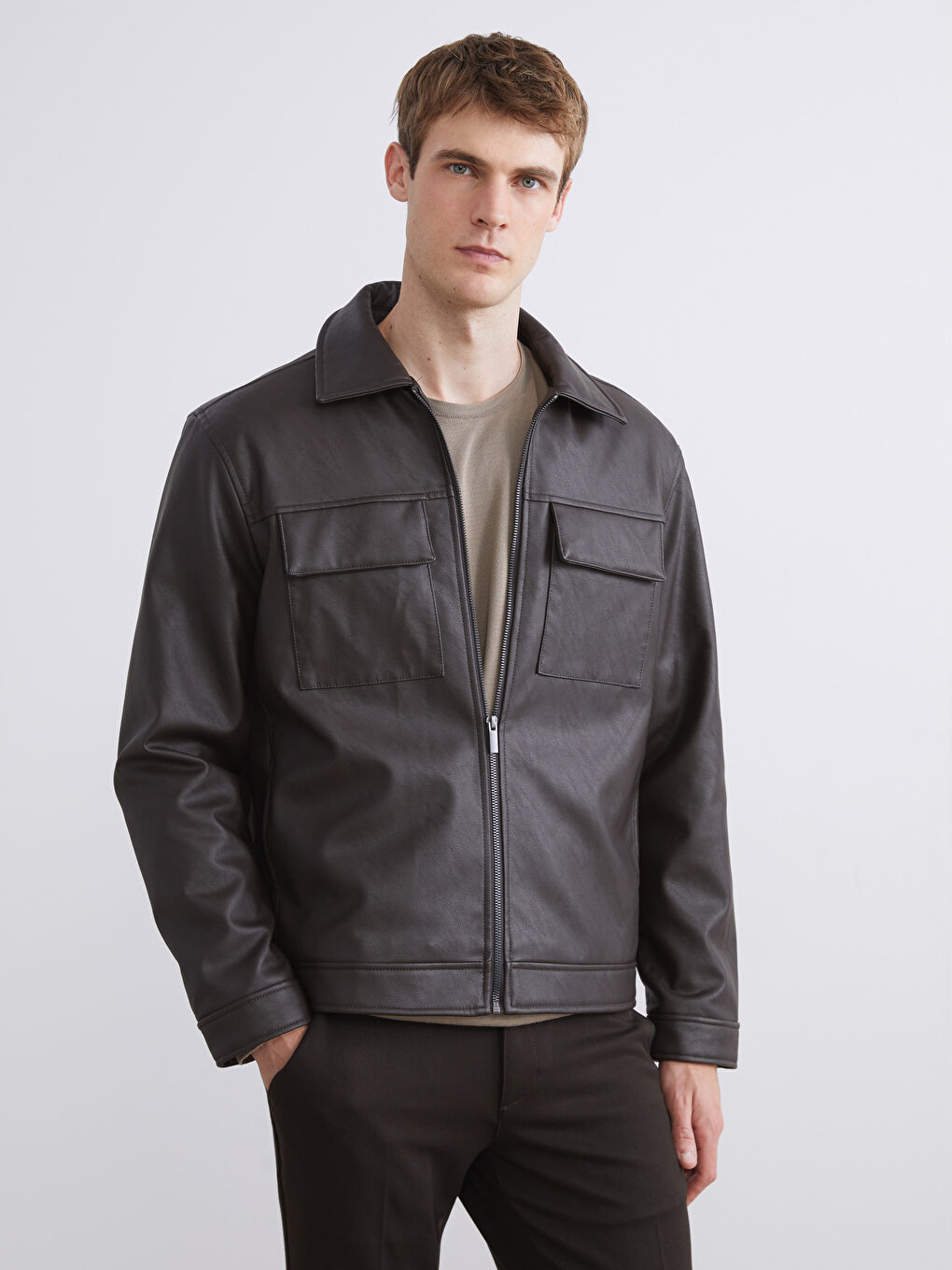 Kahverengi Standart Kalıp Gömlek Yaka Erkek Deri Görünümlü Mont