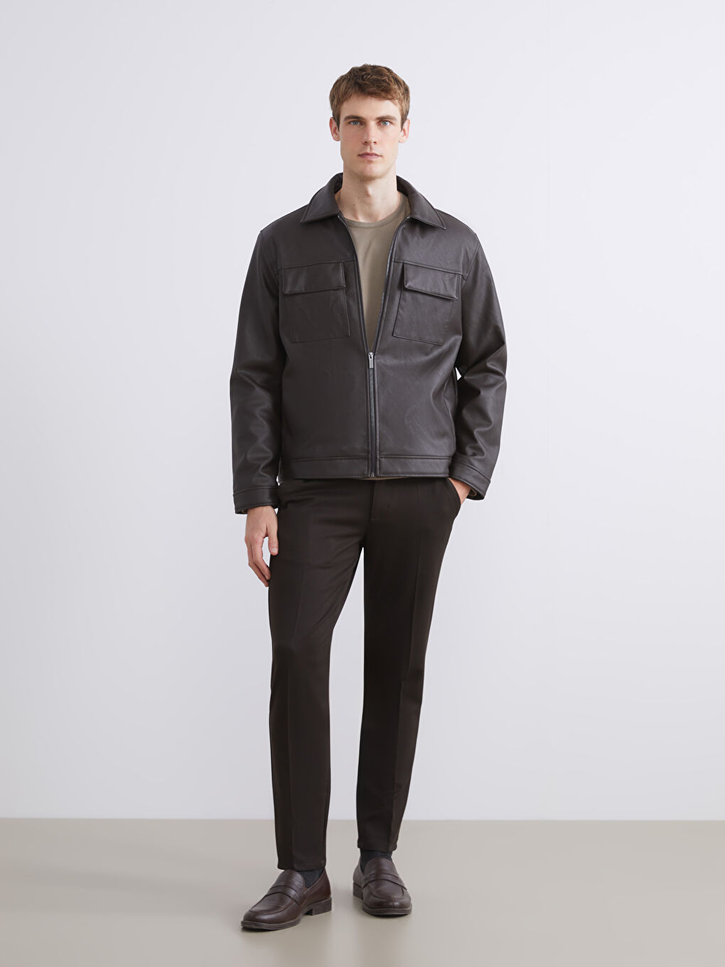 Kahverengi Standart Kalıp Gömlek Yaka Erkek Deri Görünümlü Mont-1