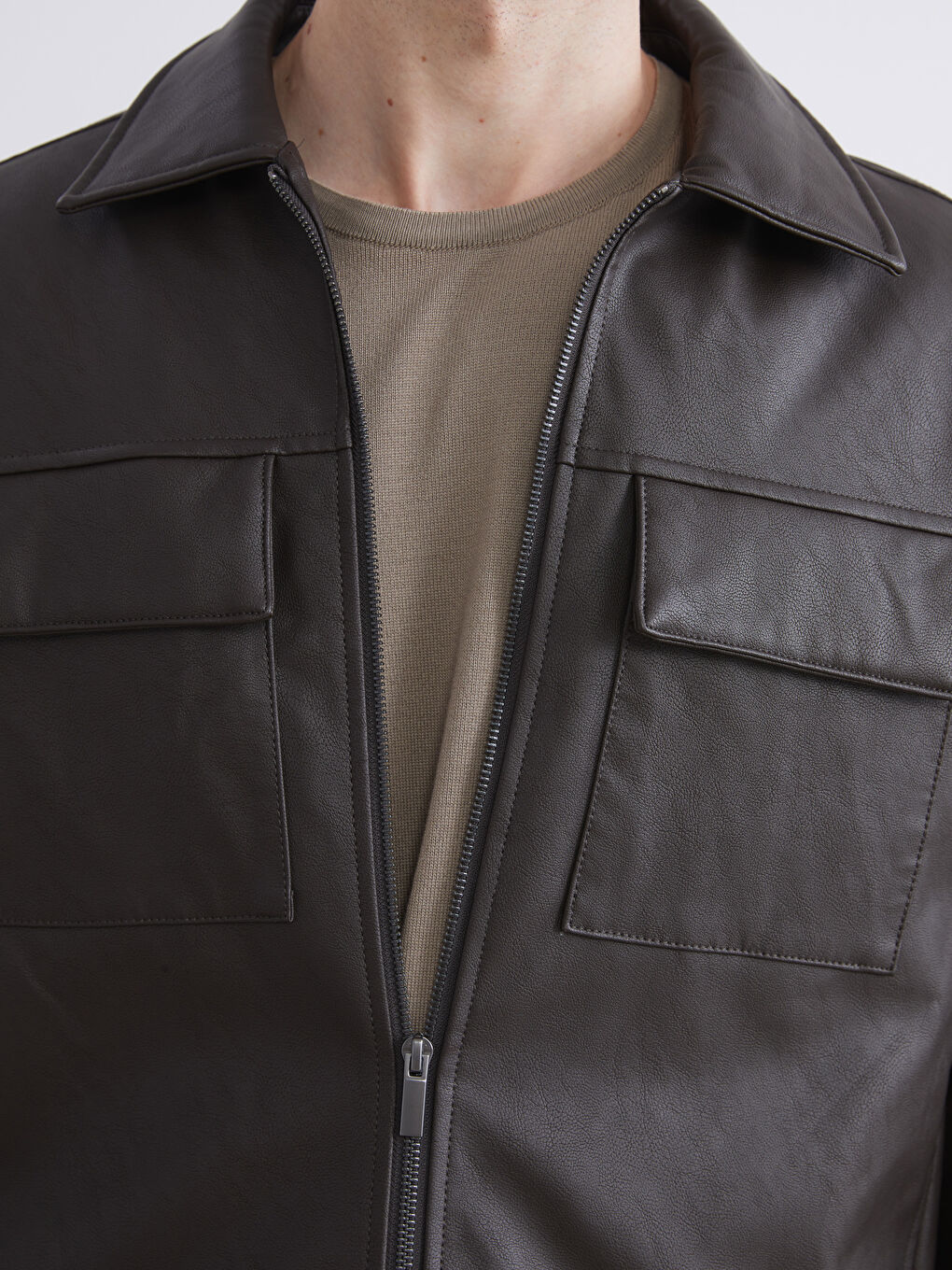 Kahverengi Standart Kalıp Gömlek Yaka Erkek Deri Görünümlü Mont-2