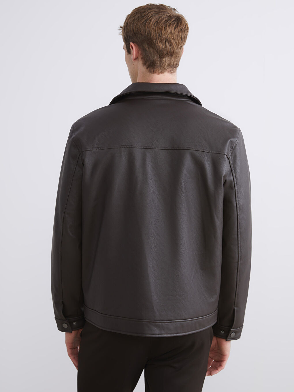 Kahverengi Standart Kalıp Gömlek Yaka Erkek Deri Görünümlü Mont-4