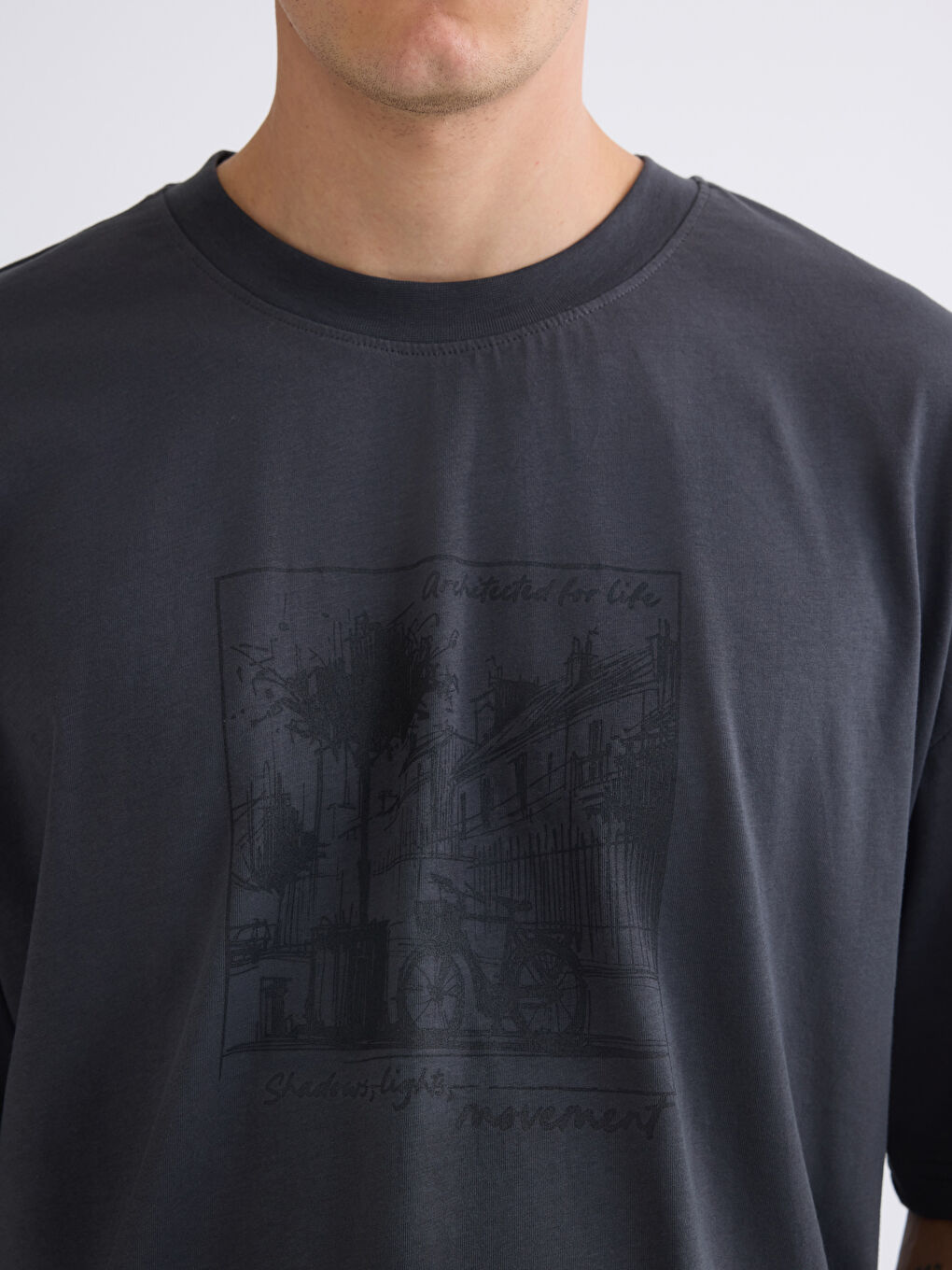 Antrasit Bisiklet Yaka Baskılı Penye Erkek Tişört-2