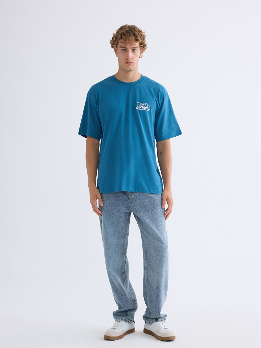 Mavi Bisiklet Yaka Baskılı Penye Erkek Tişört-1