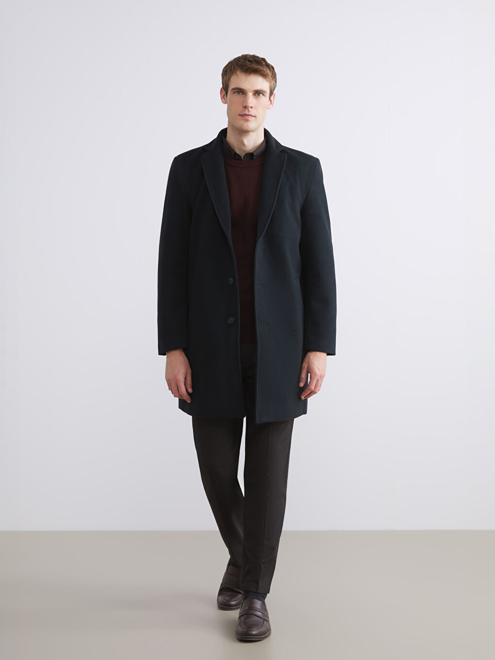 Yeşil Standart Kalıp Ceket Yaka Erkek Kaşe Kaban-1