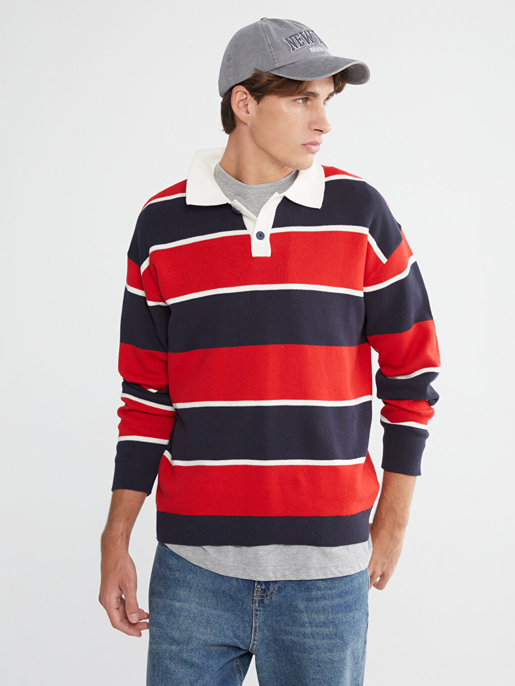 Polo Neck Striped Men's Knitwear Sweater