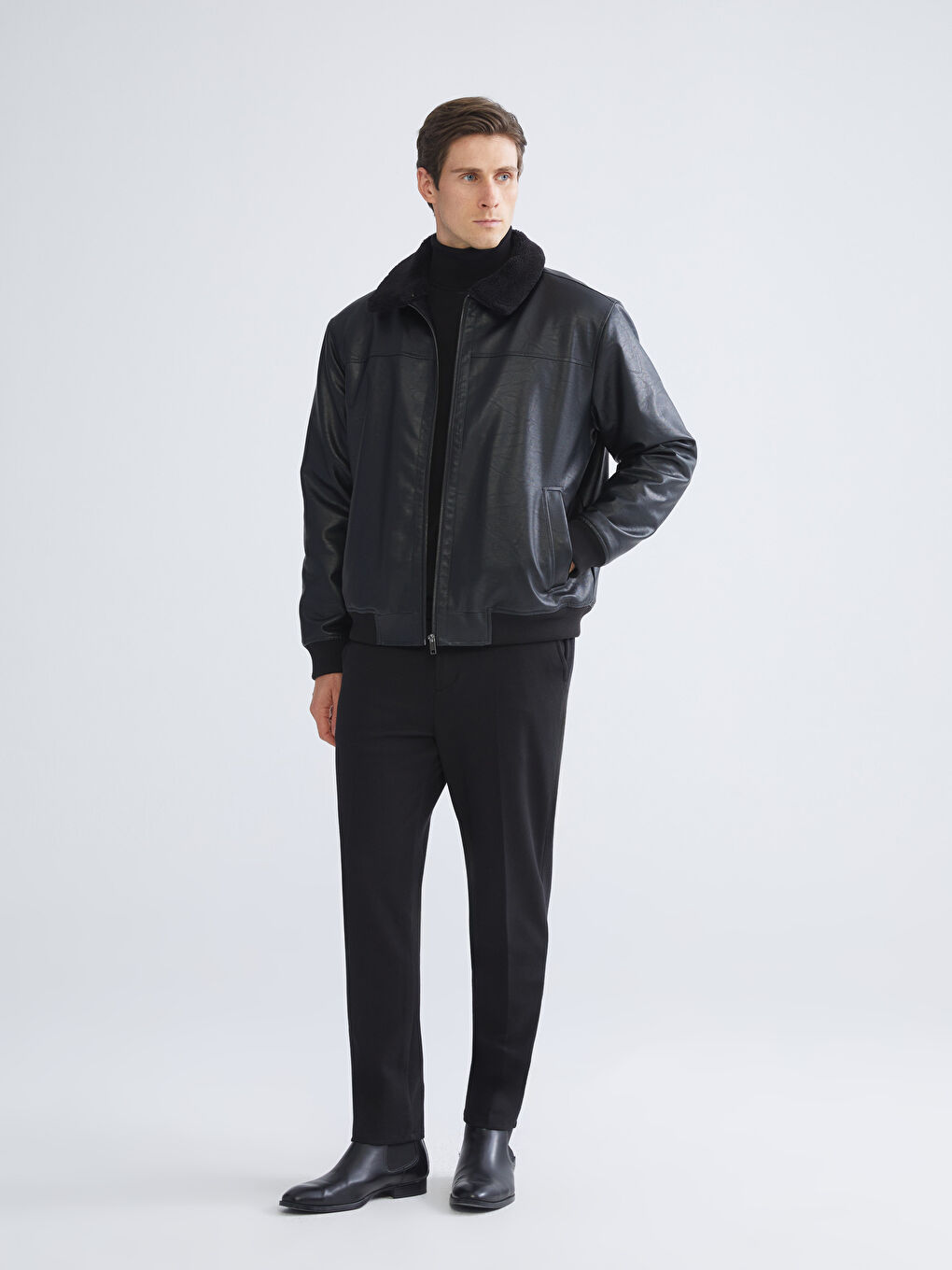 معطف جلدي صناعي أسود رجل-1