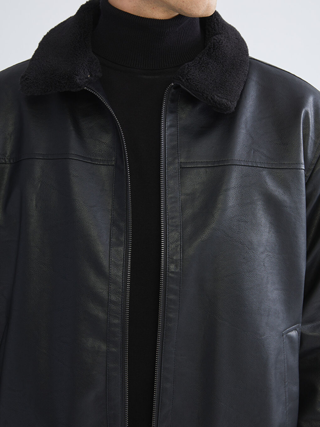 معطف جلدي صناعي أسود رجل-2