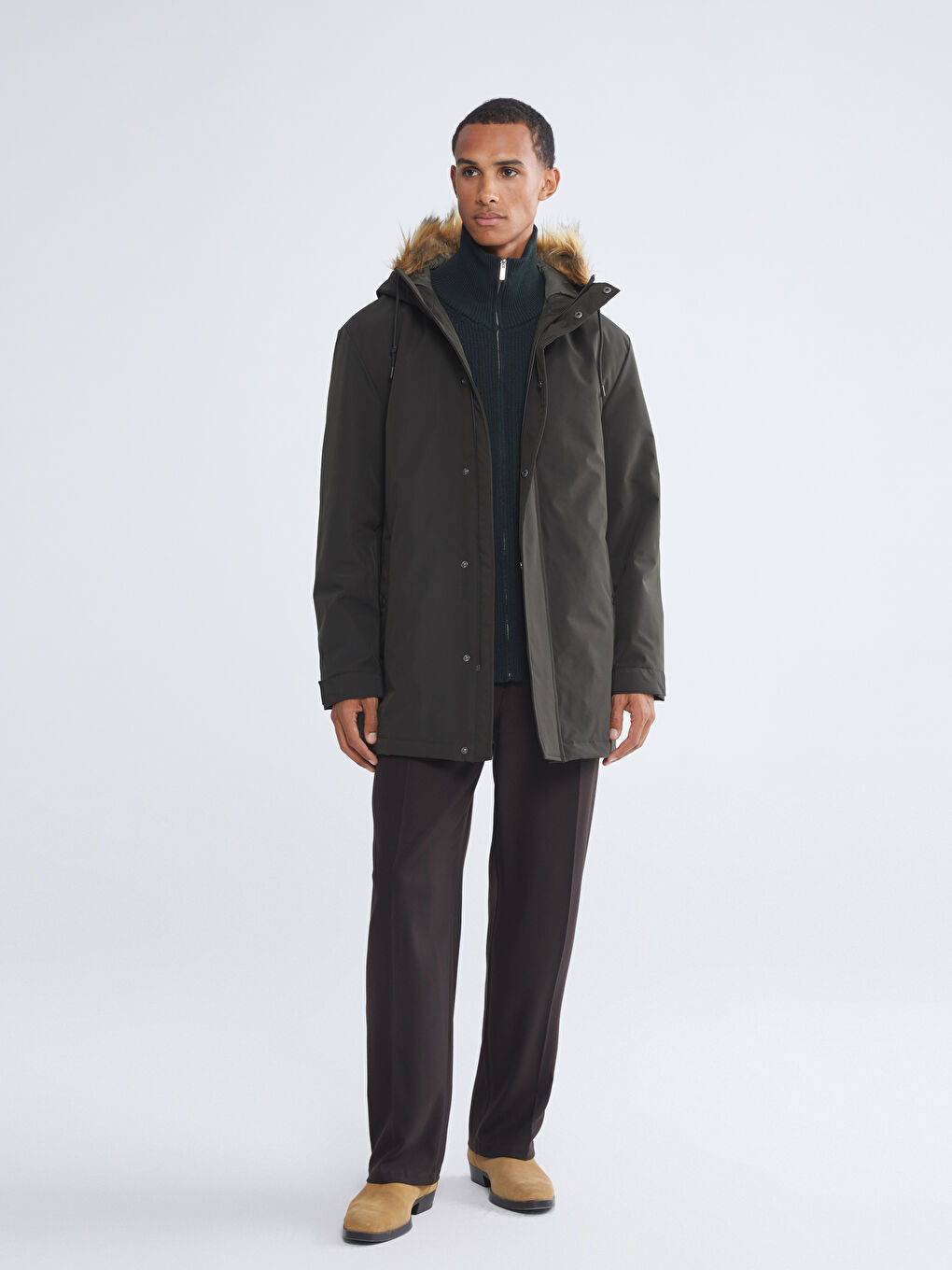 Haki Standart Kalıp Kürk Kapüşonlu Erkek Parka-1