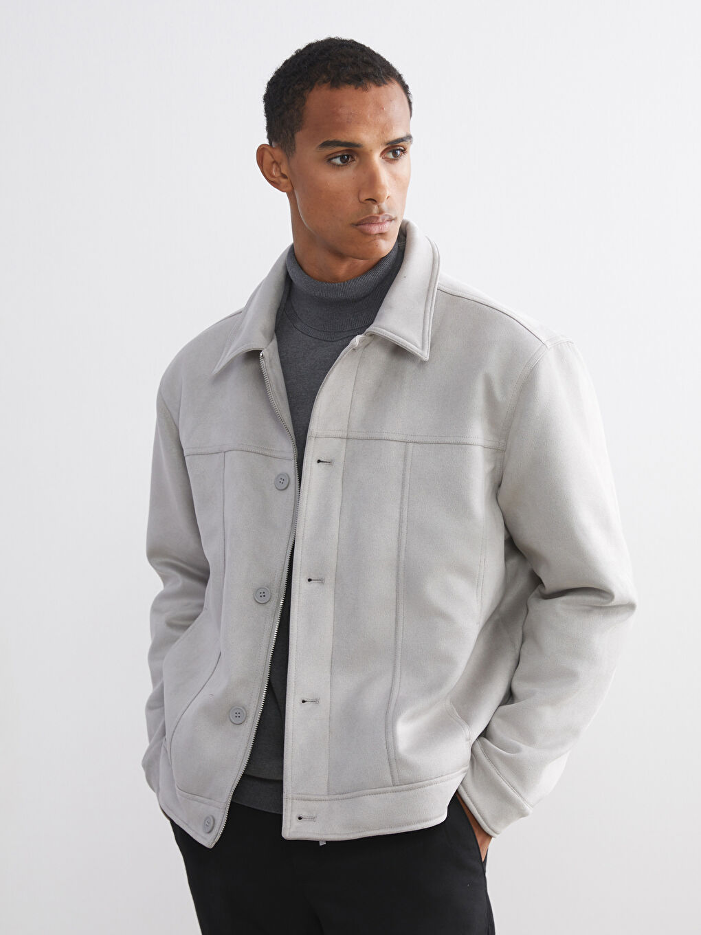 Bej Rahat Kalıp Gömlek Yaka Süet Erkek Mont