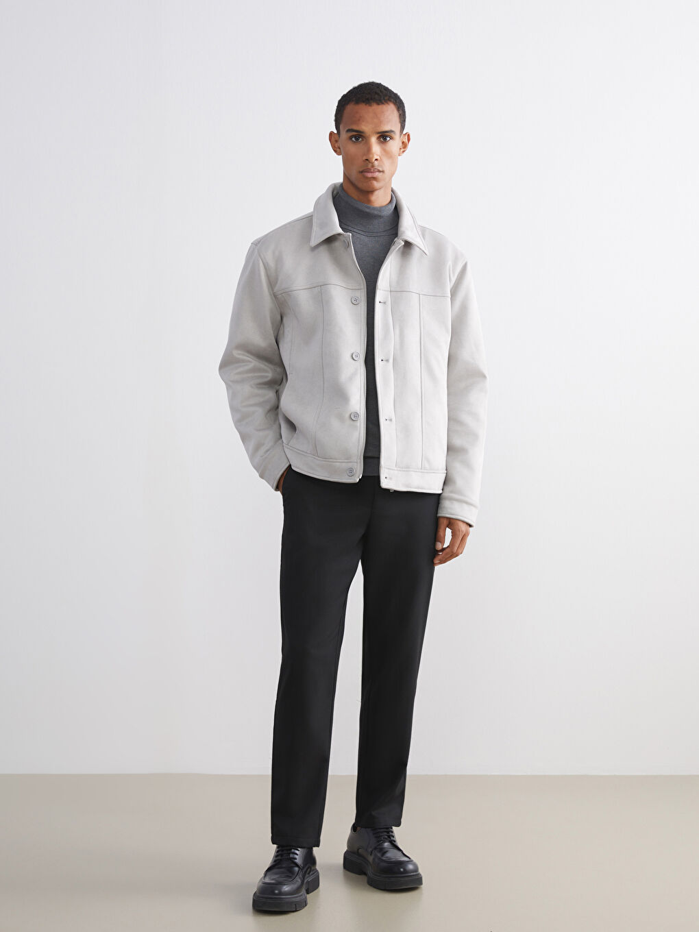 Bej Rahat Kalıp Gömlek Yaka Süet Erkek Mont-1