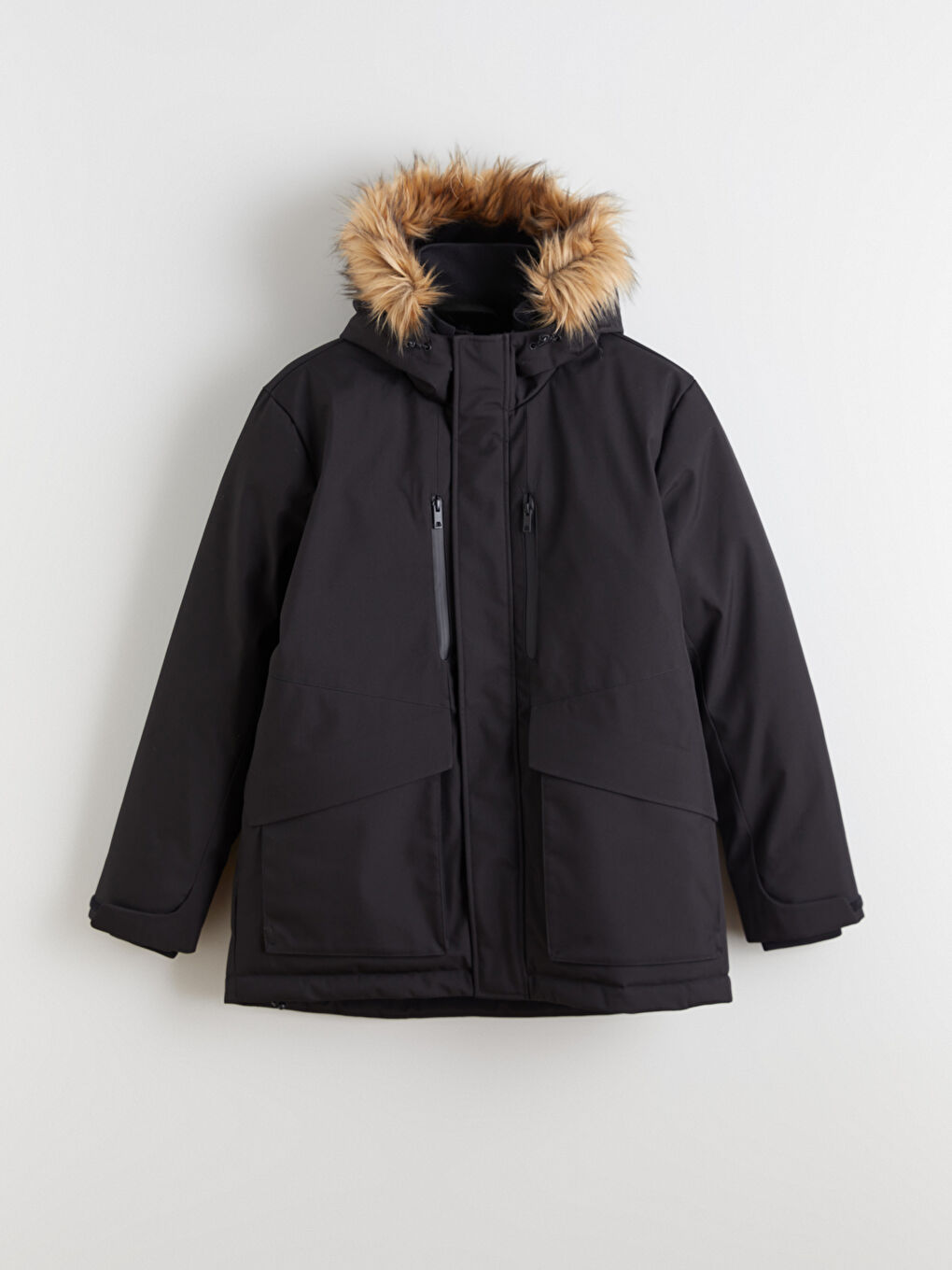 Siyah Standart Kalıp Kürk Kapüşonlu Erkek Parka-5