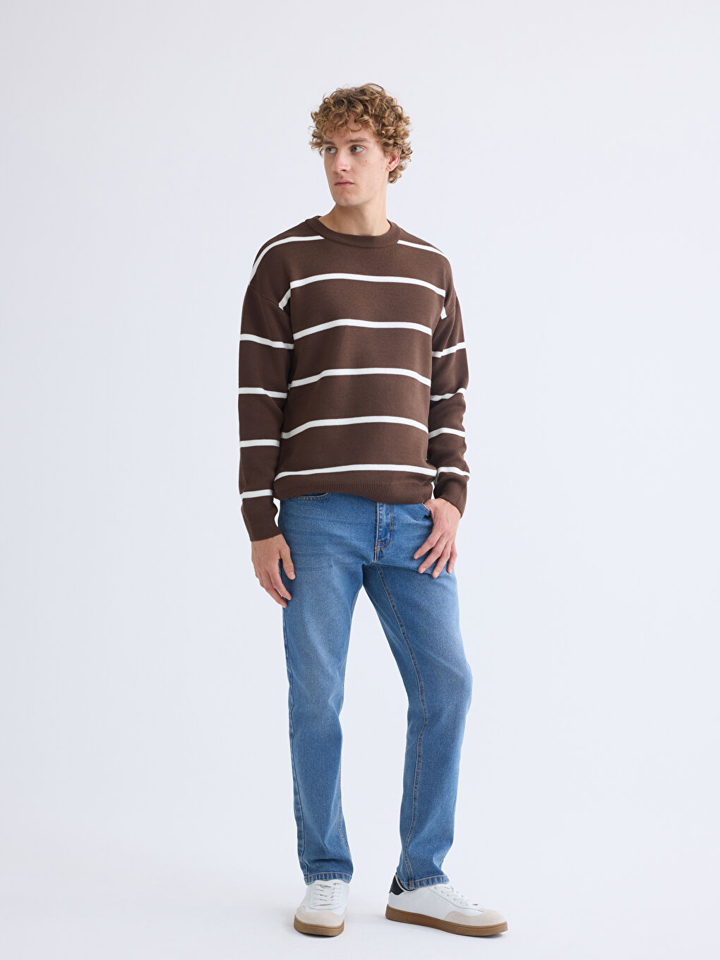 Kahverengi Bisiklet Yaka Çizgili Erkek Triko Kazak-1