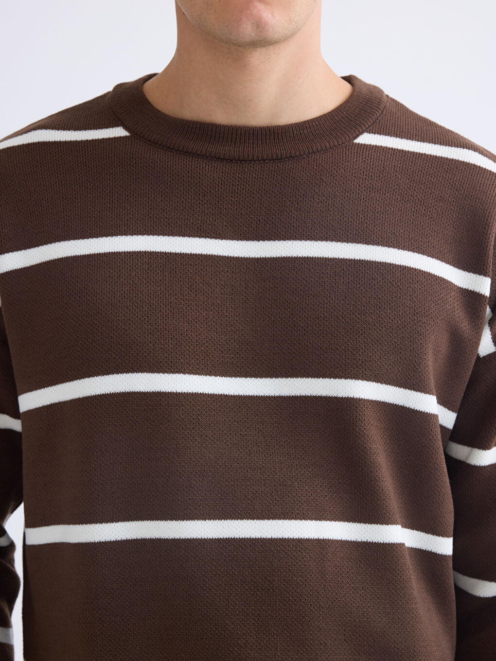 Kahverengi Bisiklet Yaka Çizgili Erkek Triko Kazak-2