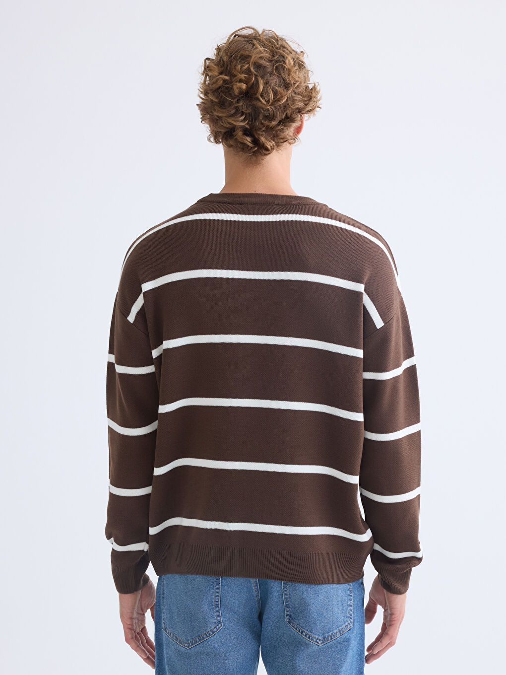 Kahverengi Bisiklet Yaka Çizgili Erkek Triko Kazak-3