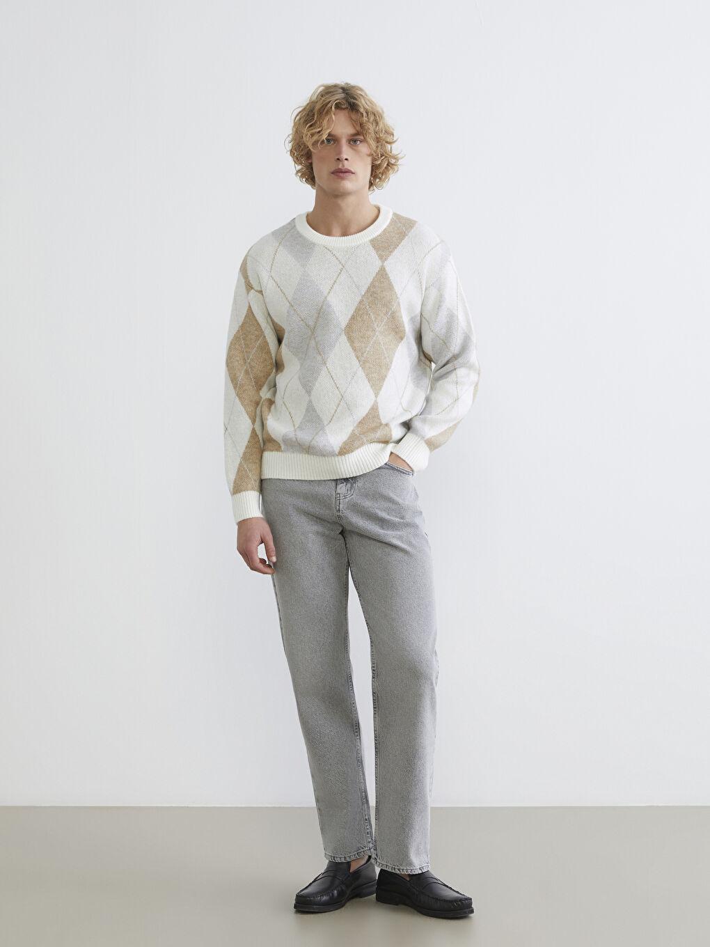 Ekru Bisiklet Yaka Desenli Erkek Triko Kazak-1