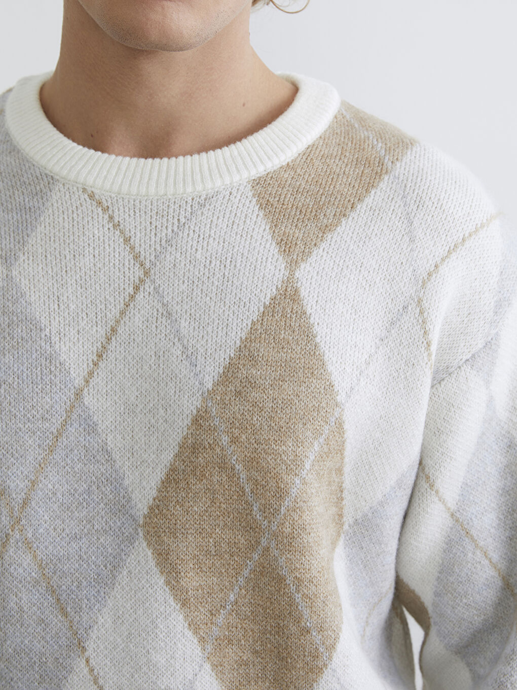 Ekru Bisiklet Yaka Desenli Erkek Triko Kazak-2