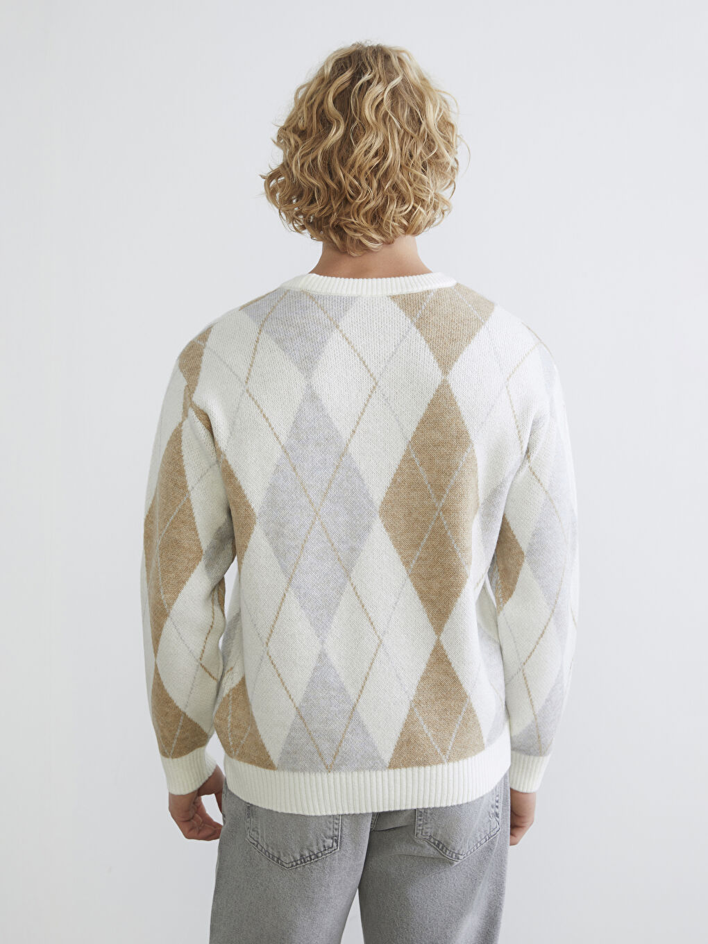 Ekru Bisiklet Yaka Desenli Erkek Triko Kazak-3