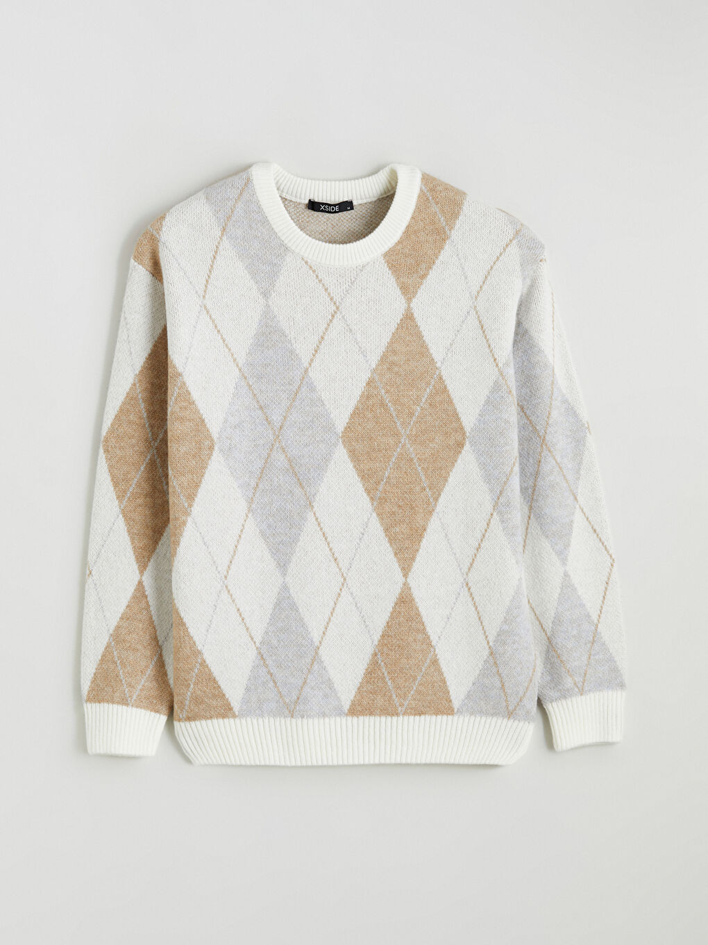 Ekru Bisiklet Yaka Desenli Erkek Triko Kazak-4