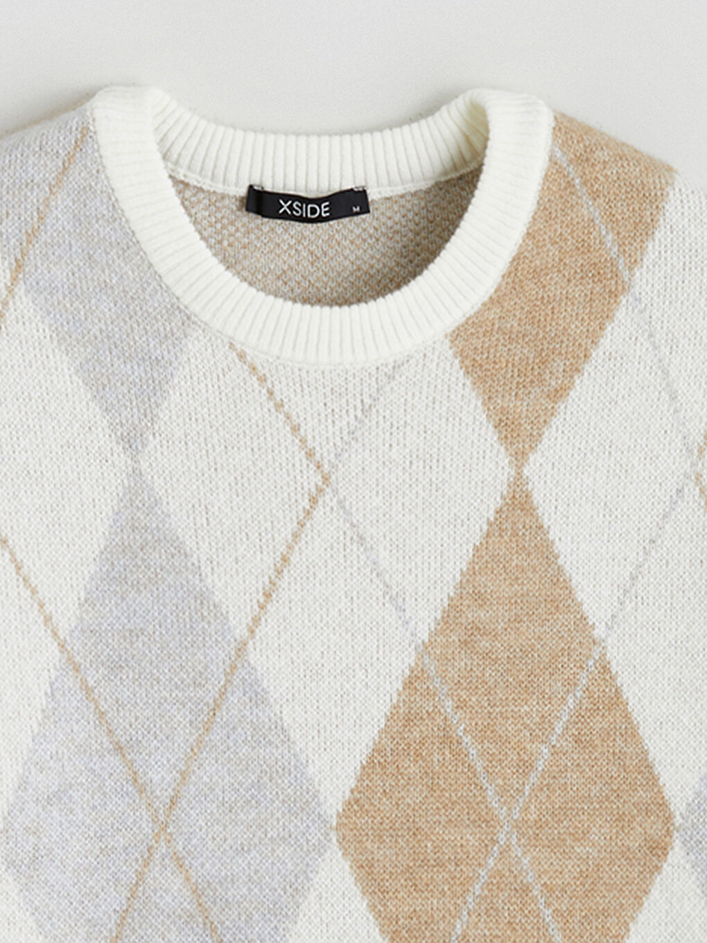 Ekru Bisiklet Yaka Desenli Erkek Triko Kazak-5