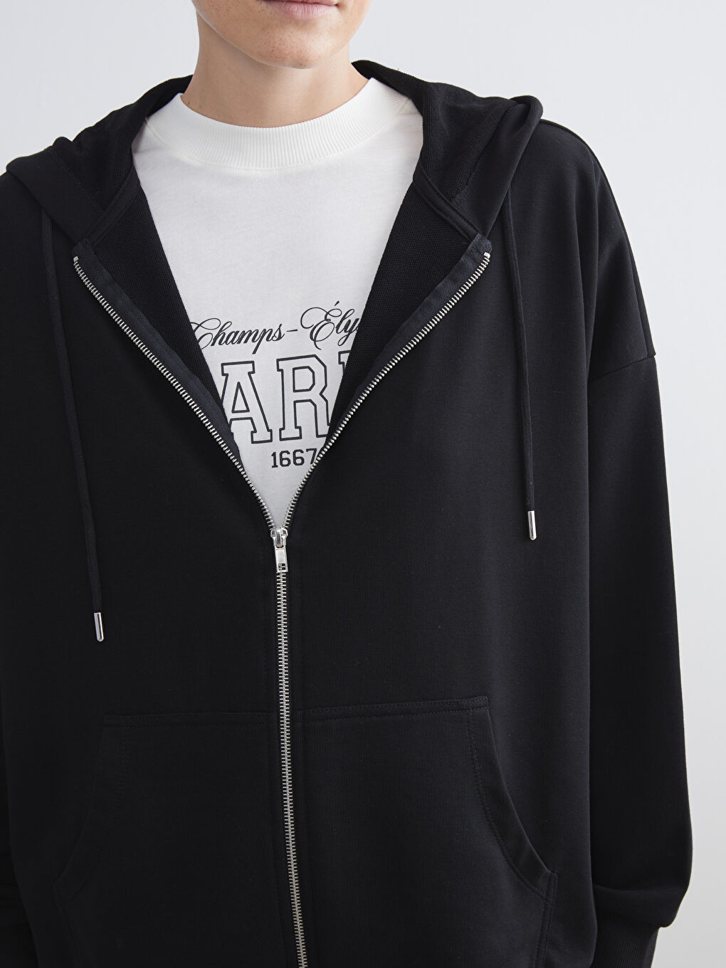 Siyah Kapüşonlu Oversize Kadın Fermuarlı Sweatshirt-2