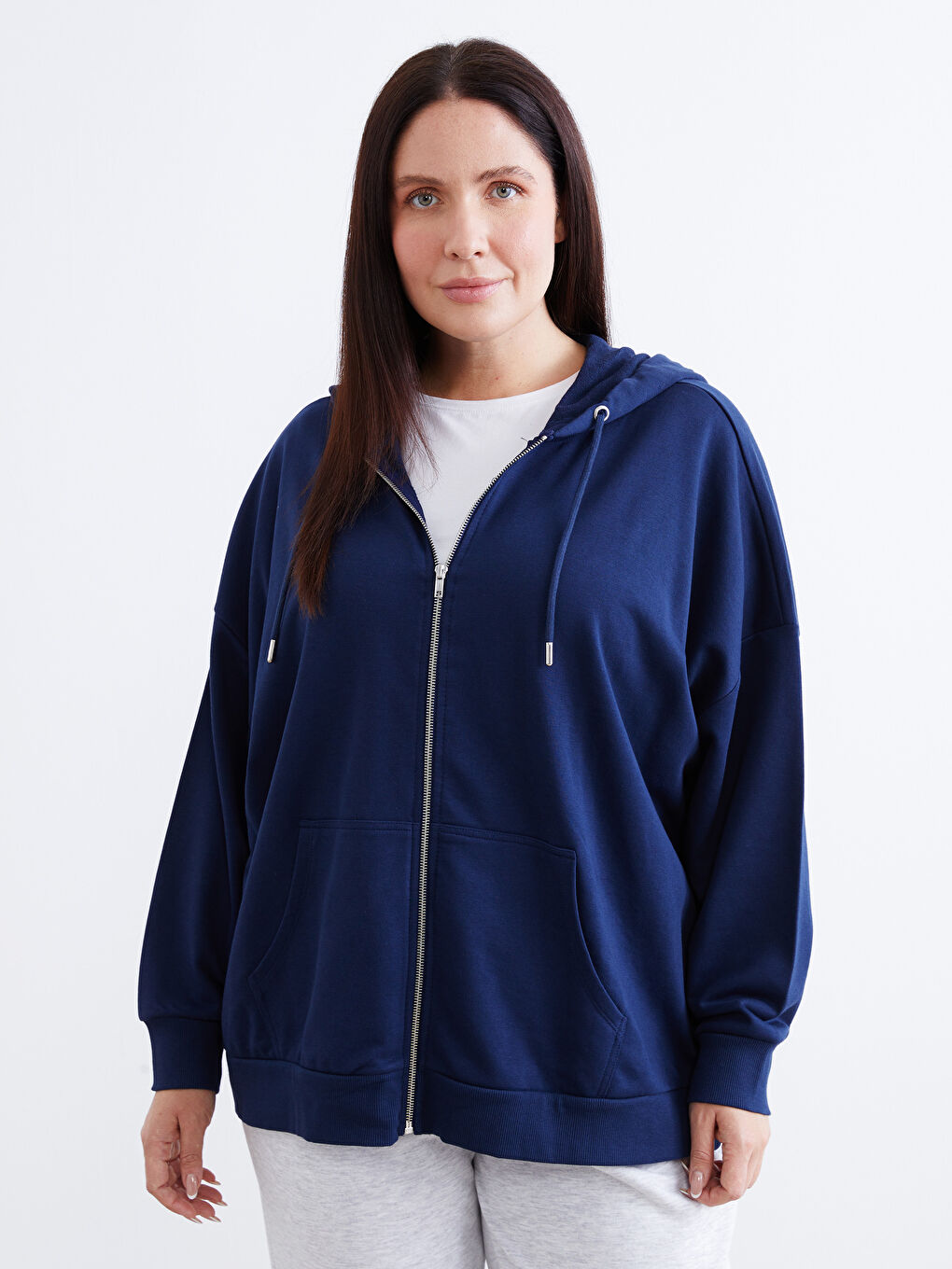 Lacivert Kapüşonlu Oversize Kadın Fermuarlı Sweatshirt-1