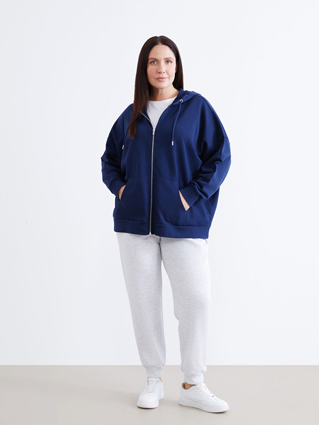 Lacivert Kapüşonlu Oversize Kadın Fermuarlı Sweatshirt-5