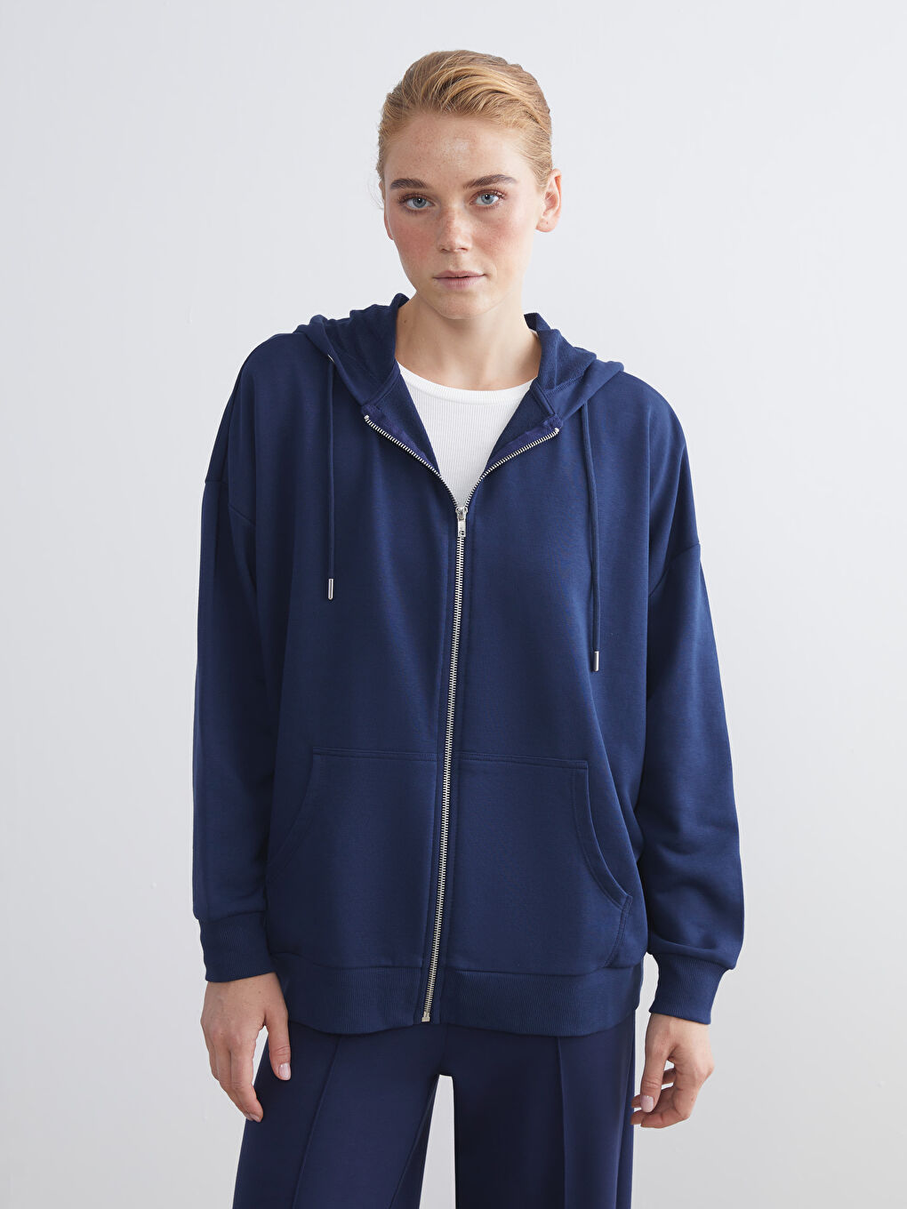 Lacivert Kapüşonlu Oversize Kadın Fermuarlı Sweatshirt