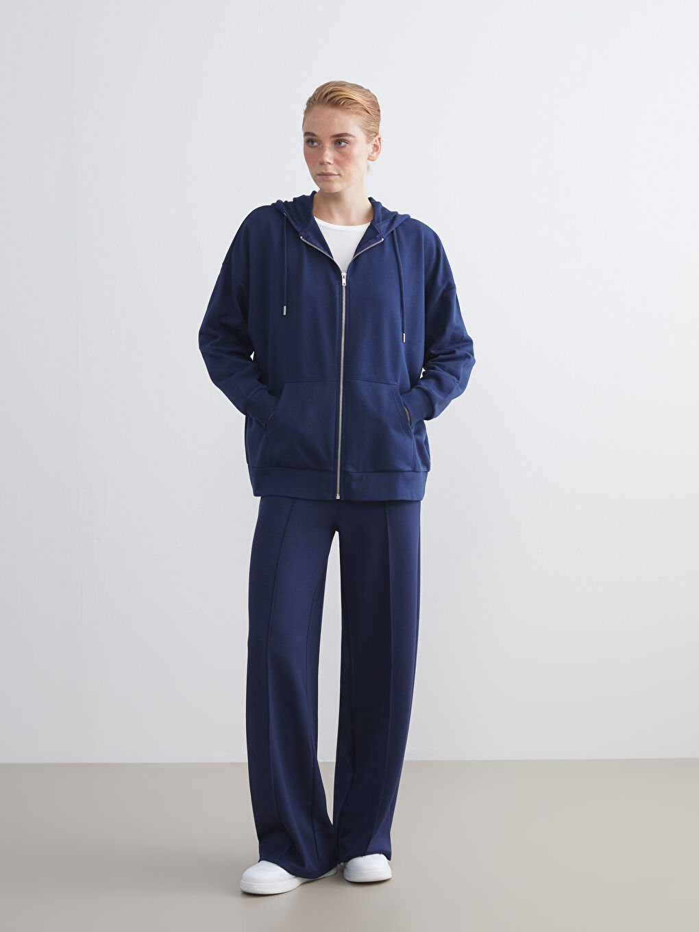 Lacivert Kapüşonlu Oversize Kadın Fermuarlı Sweatshirt-2