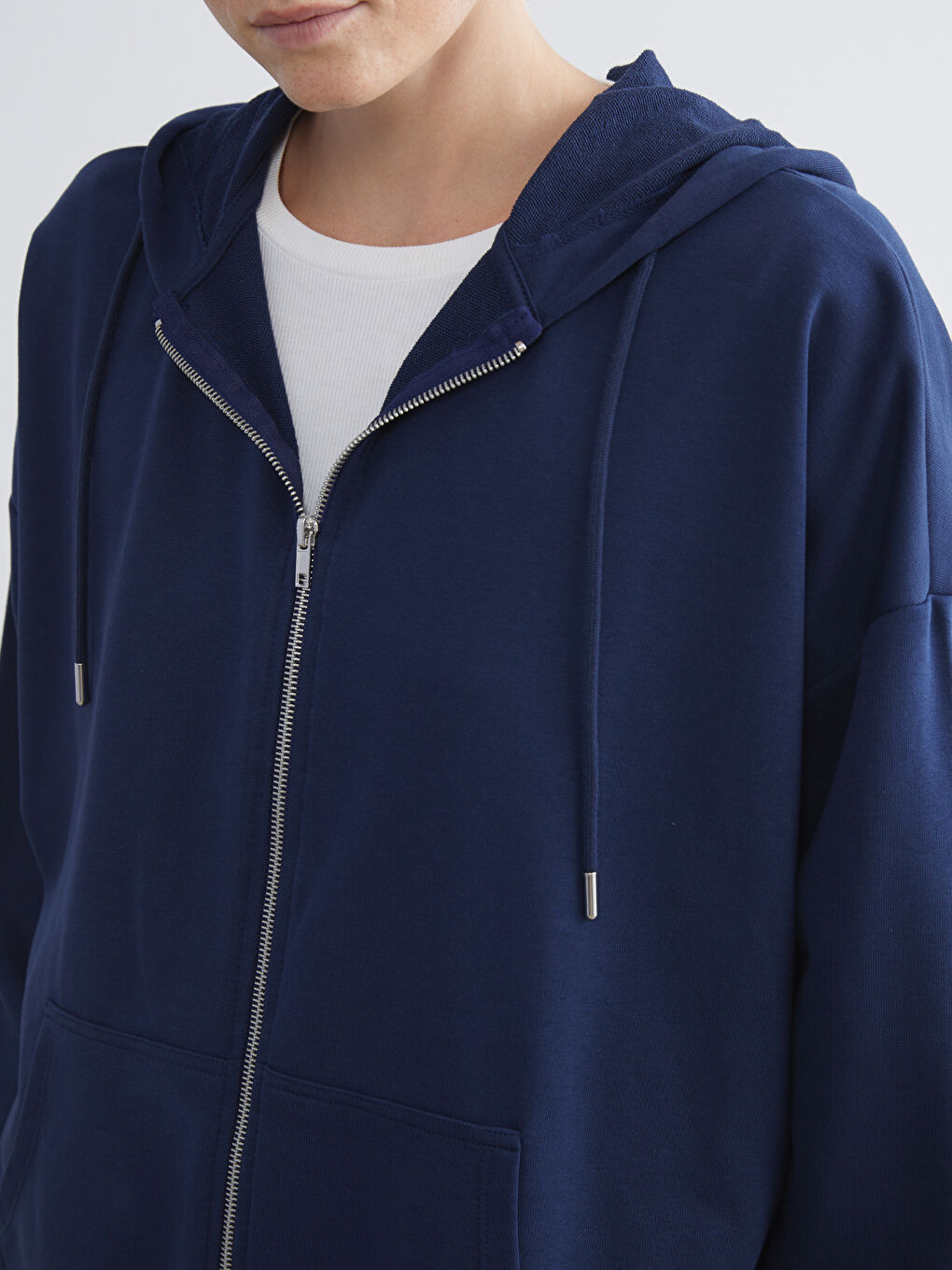 Lacivert Kapüşonlu Oversize Kadın Fermuarlı Sweatshirt-3