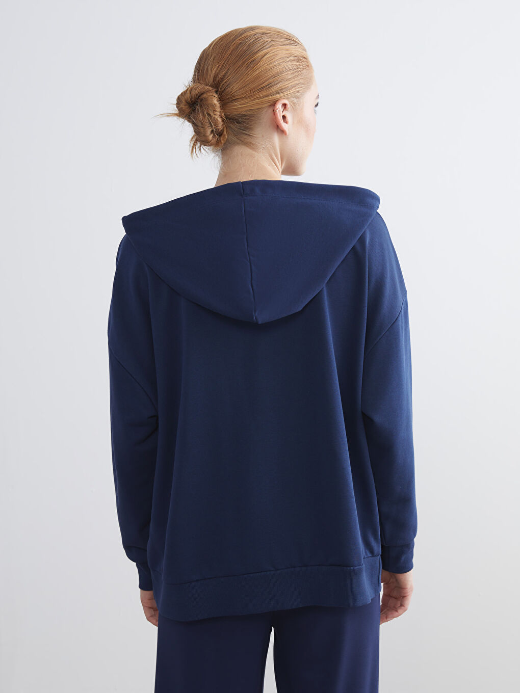 Lacivert Kapüşonlu Oversize Kadın Fermuarlı Sweatshirt-4