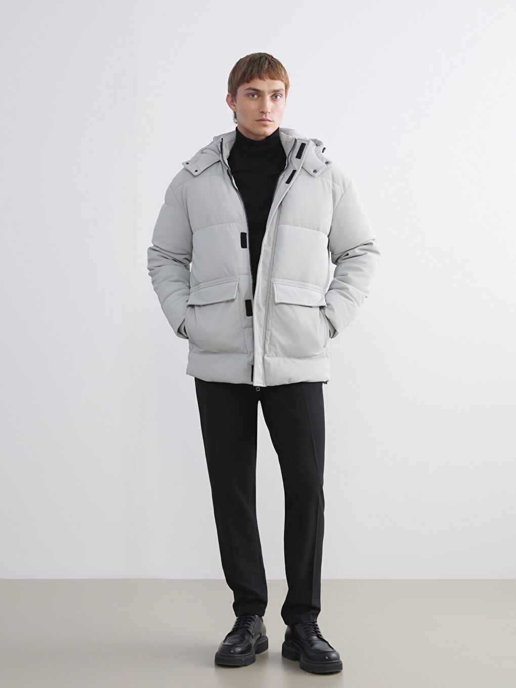 ерлерге арналған стандартты пішім капюшонды пальто-1