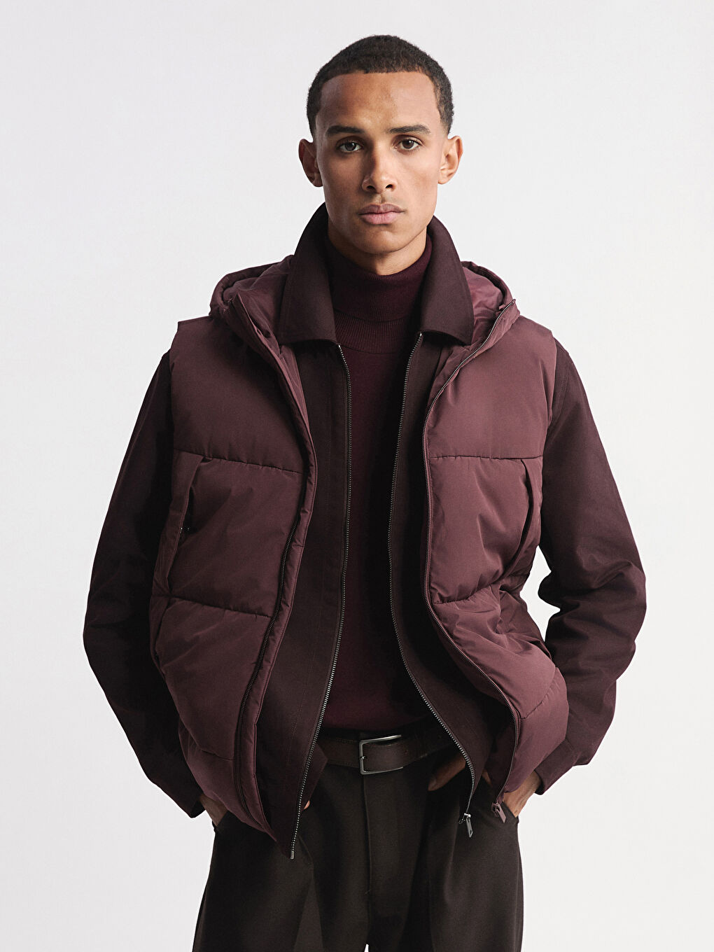 Bordo Standart Kalıp Kapüşonlu Erkek Şişme Yelek